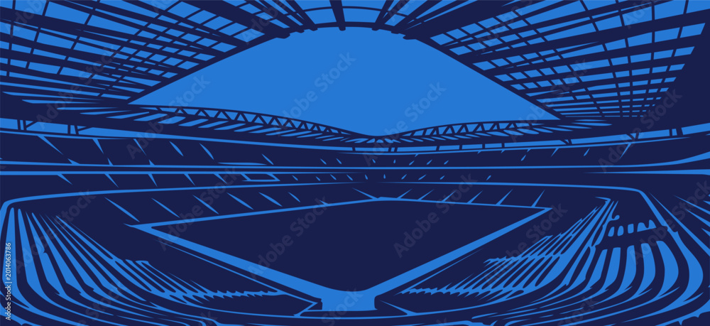 Fototapeta premium Interior view of a football stadium arena with blue graphic stylized lines and empty field.
