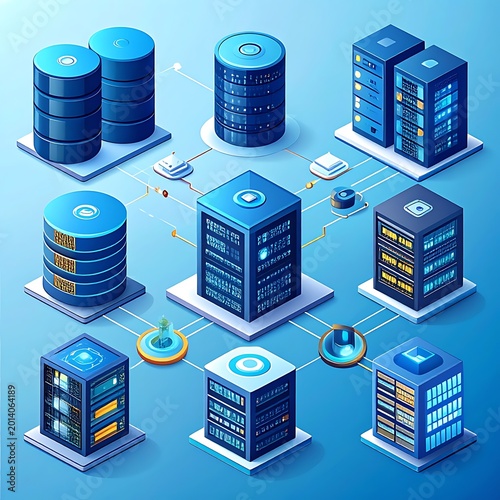 Isometric, illustrated diagram showcasing several server racks connected by data lines. Servers are cylindrical and rectangular