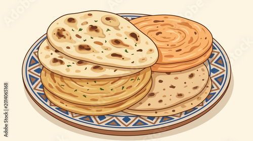 Tableau sur toile This appetizing image showcases a variety of freshly made flatbreads served on a decorative plate, ideal for highlighting culinary diversity and cultural cuisines