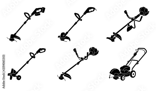 Slika na platnu Garden string trimmer silhouette set of six vector icons for lawn care and lands