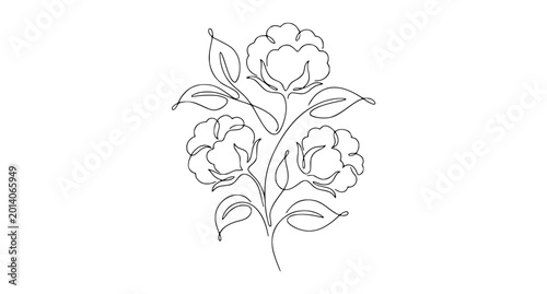 Minimalist Continuous Line Cotton Plant Vector with Three Cotton Bolls and Leaves