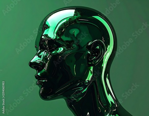 Metallic, shiny green human head profile, smooth surface, no details, reflecting light. It's against a matching green background