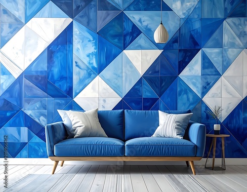 Modern living room features a blue sofa with white pillows against a geometric wall of blue and white triangular tiles