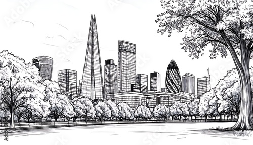 Monochrome skyline drawing featuring diverse modern architecture nestled between lush, leafy trees, suggesting an urban park setting