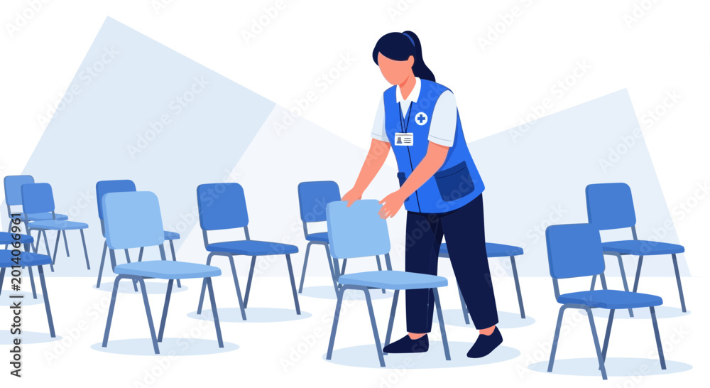 Fototapeta premium Healthcare worker arranging chairs for a meeting or event, social distancing concept