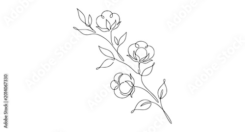 Elegant One Line Cotton Branch Botanical Vector Illustration on White Background