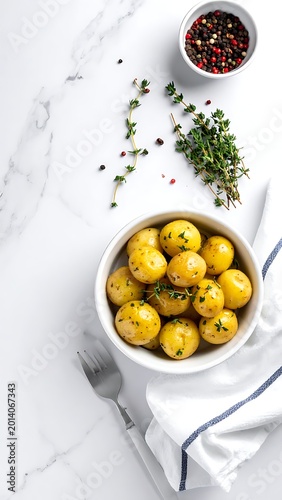 Overhead shot of a bowl of golden-brown potatoes with herbs and spices. White marble surface with a napkin and fork