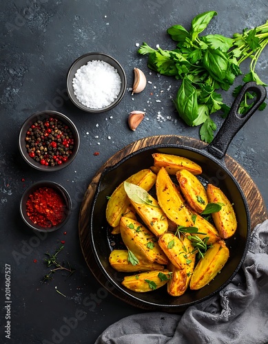 Overhead shot of a cast iron pan filled with golden potato wedges, herbs, and spices alongside small bowls of ingredients