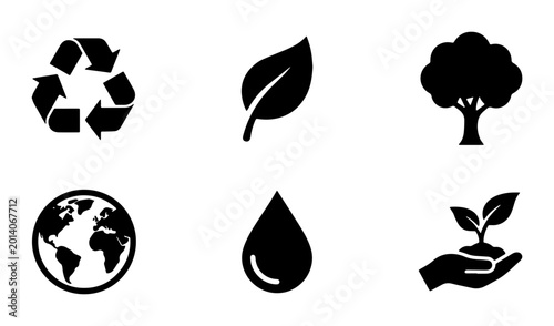 Valokuva Eco-Friendly Icons Set: Recycling, Leaf, Tree, Earth, Water Drop, Seedling in Ha