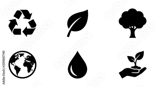 Photos Eco-friendly Icons Set: Recycle, Leaf, Tree, Earth, Water Drop, Seedling in Hand