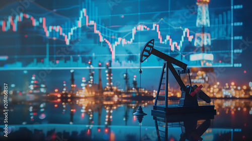 A digital financial stock market graph with fluctuating lines overlaying a blurred industrial landscape of an oil pump jack and refinery at sunset, representing energy trading and global economy