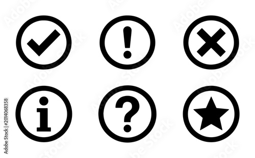 Free Download Set of Six Circular Icons: Checkmark, Exclamation, Cross, Information, Question Mark, Star. Simple Black and White Vector Graphics for User Interface and Web Design. - GFXLoad