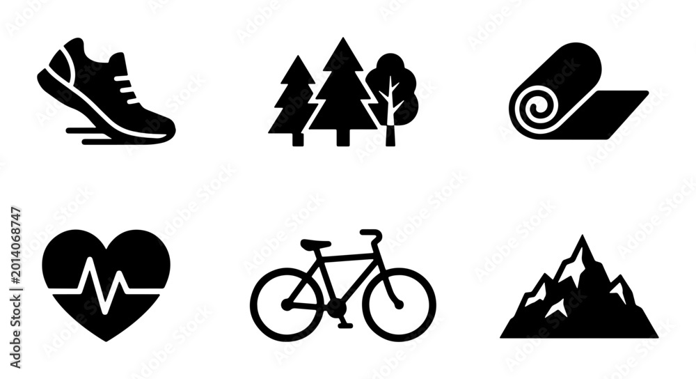 Fototapeta premium Fitness and Outdoor Activity Icons: Running Shoe, Trees, Yoga Mat, Heartbeat, Bicycle, Mountain Peaks - Vector Set