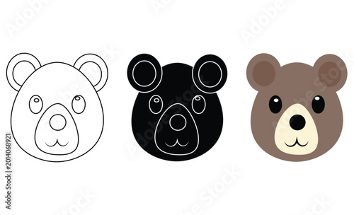 Cute cartoon brown teddy bear head icon set featuring a funny baby animal character and a panda with a heart for kids nature and zoo illustrations