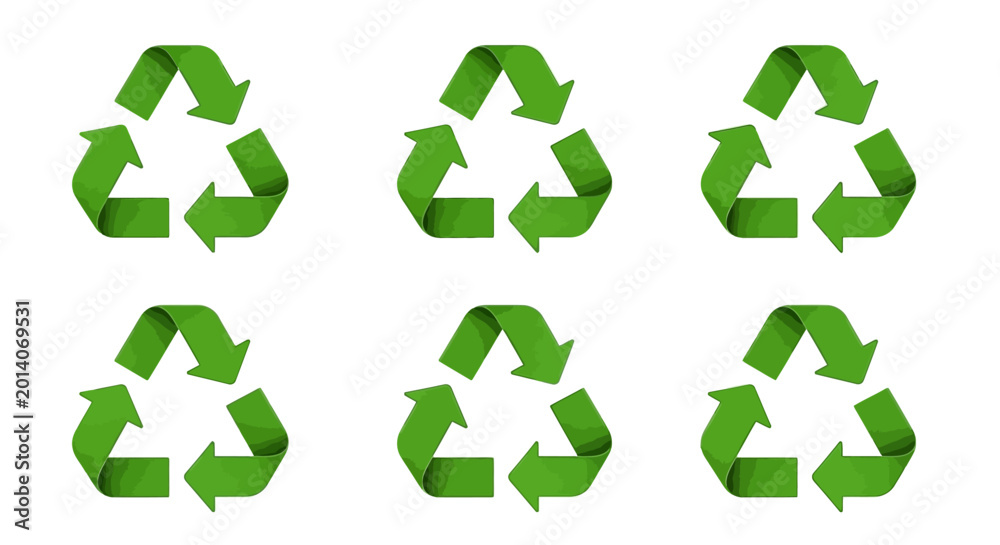 Fototapeta premium Six green recycling symbols arranged in a pattern on a white background, ready for use