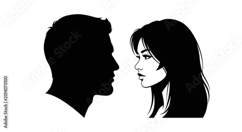 A black and white illustration of a man and woman facing each other in profile view