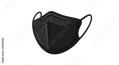 A black protective face mask is isolated on a white background, close-up view, studio shot