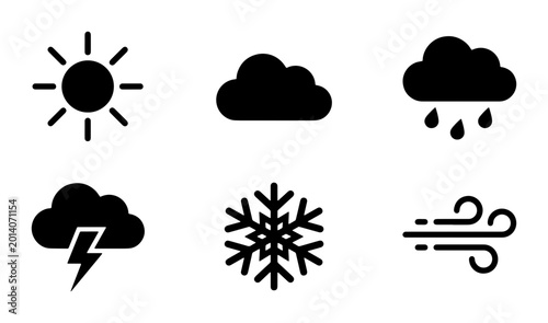Quadro su tela Weather Icons Set: Sun, Cloud, Rain, Thunderstorm, Snow, Wind Symbols, Vector Gr