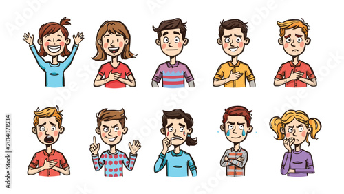 Fotografija Emotions Display: A collection of ten cartoon individuals, each portraying a unique and distinct expression