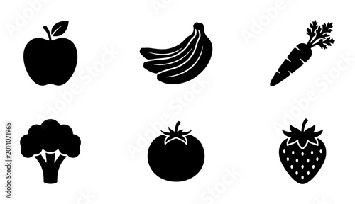 Photos Simple Black and White Food Icons: Apple, Bananas, Carrot, Broccoli, Tomato, Str