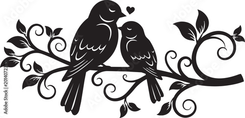 Canvas Print Couple birds in love silhouette vector on decorative branch isolated on white fo