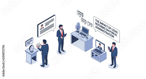 Isometric illustration of business people in a modern office environment.