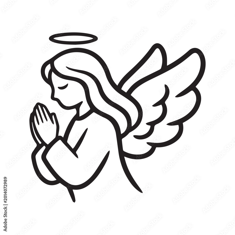 Obraz premium Simple black and white line art illustration of a cute praying angel flying with halo and wings 