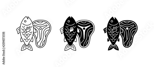 Bild auf Leinwand Fish and Steak Icons, Protein Food Symbols, Seafood and Meat Graphics, Culinary