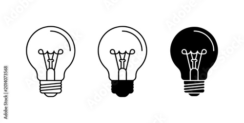 Foto Set of three classic incandescent light bulb icons, black and white outline and solid fill variations, representing ideas and innovation, vector graphics for design concepts