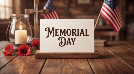 A solemn Memorial Day display with a card, lit candle, cross, American flags, and red poppies on a rustic wooden table.