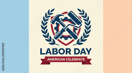 Tableau sur toile The Labor Day emblem features tools and laurel leaves, celebrating workers' rights and achievements in the labor industry and community festivities across America