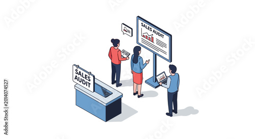 Isometric illustration of business team analyzing sales report and data.