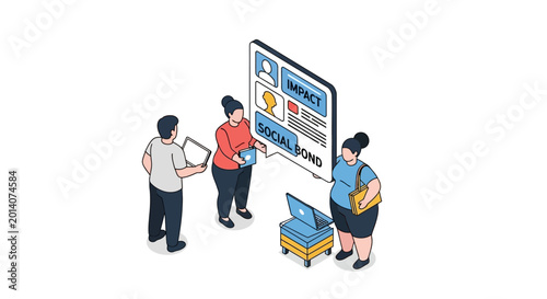 Isometric illustration of business team analyzing social media brand strategy.
