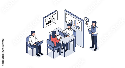 Isometric Illustration of Business Team Conducting Direct Audit Review.