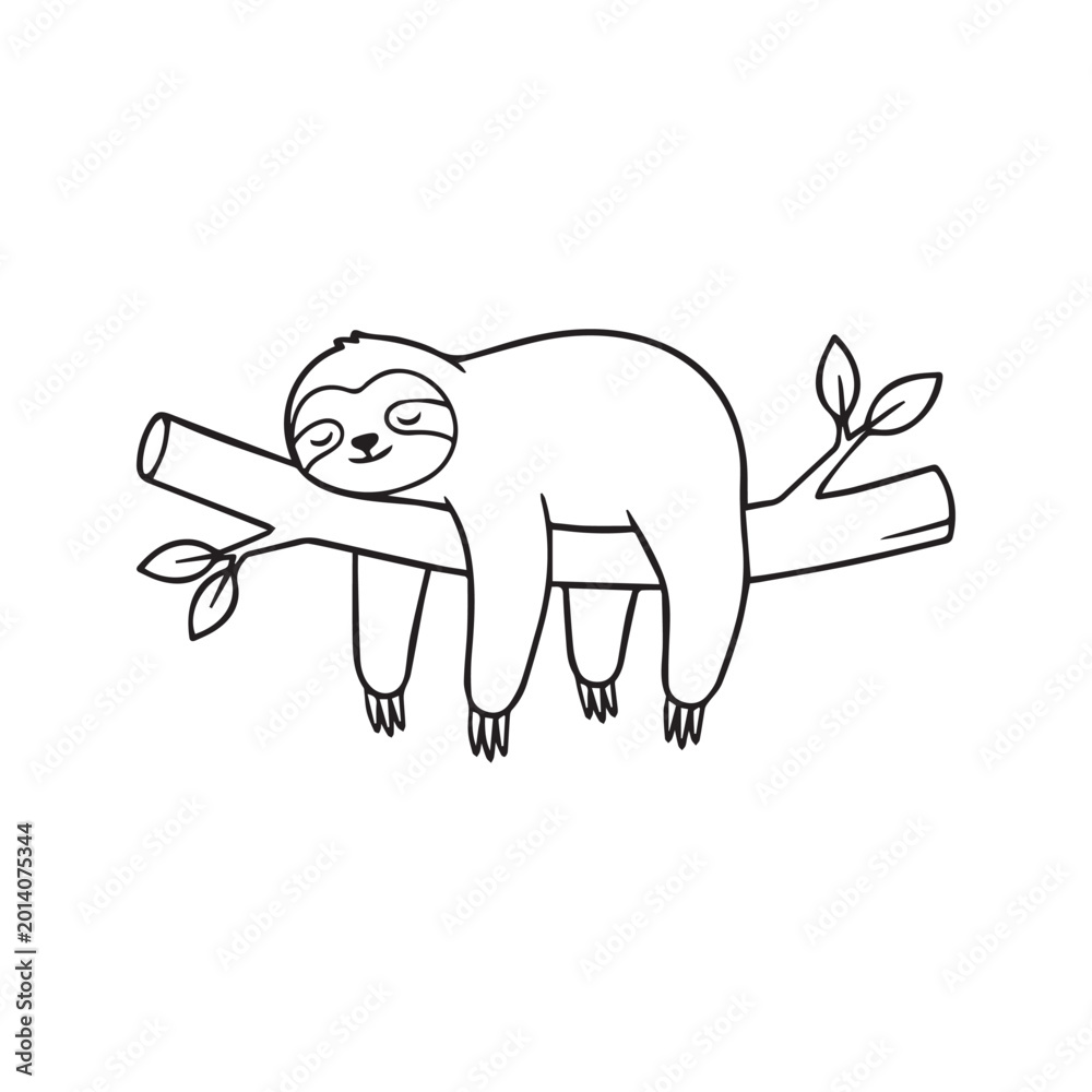 Fototapeta premium Cute cartoon sloth sleeping on a tree branch, simple black and white line art doodle illustration 