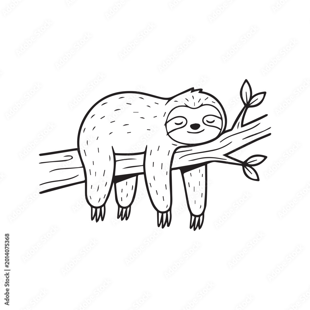 Fototapeta premium Cute cartoon sloth sleeping on a tree branch, simple black and white line art doodle illustration 