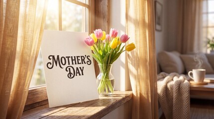 A Mother's Day card and a bouquet of colorful tulips on a sunlit windowsill in a cozy home.