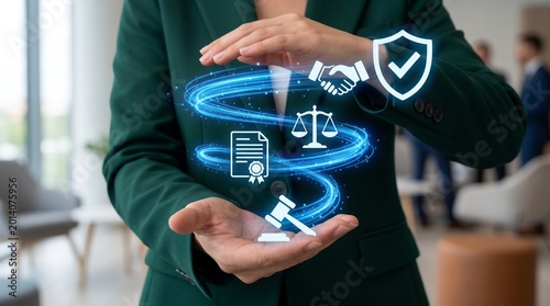 Businesswoman protecting legal and security icons