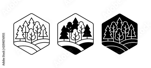 Billede på lærred Forest Landscape Icons, Nature Scene Vector Graphics, Woodland Emblem Set, Outdo