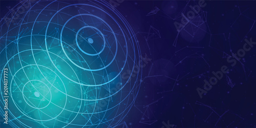 Fotografía Abstract network of connected nodes and circles on a dark blue gradient backgrou