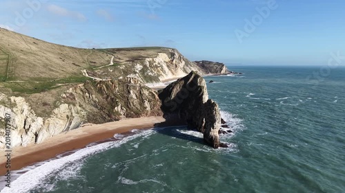 Aerial view of the beautiful Durdle Door Beach in Lulworth. Jurassic Coast and Durdle Door in Dorset. Durdle Door, Dorset, Jurassic Coast, England, UK