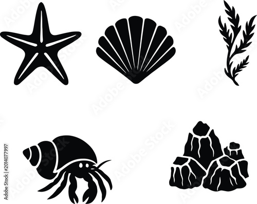 Schilderij op canvas Marine Nature Stencil Graphics - Starfish, Shell, and Hermit Crab