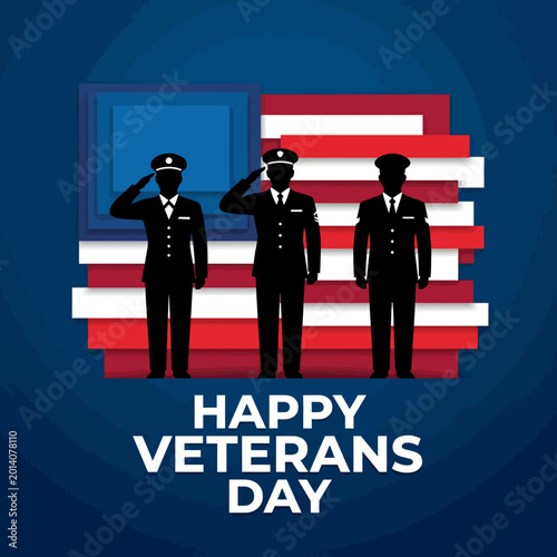 Fotografi This poignant image celebrates Veterans Day with silhouettes of soldiers saluting against a backdrop of the American flag, emphasizing honor and recognition for service members