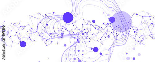Dynamic purple abstract network with interconnected dots and lines, flowing with organic shapes and translucent spheres. Ideal for technology, AI, and data concepts.