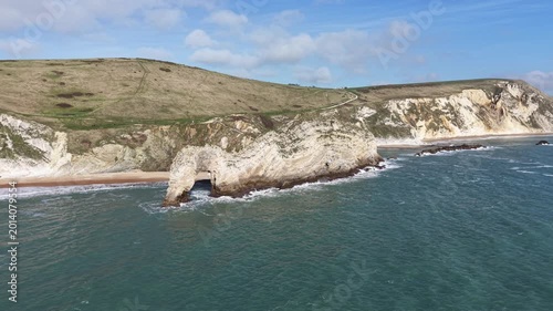Aerial view of the beautiful Durdle Door Beach in Lulworth. Jurassic Coast and Durdle Door in Dorset. Durdle Door, Dorset, Jurassic Coast, England, UK