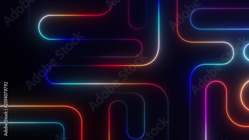Modern abstract looping motion background of neon rainbow lines. Abstract colored glow line background. Multicolor vector lines animated background. Blue and red line VJ loop black background. 