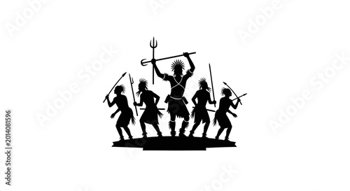 Silhouette of warriors with weapons standing.