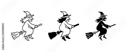 Canvastavla Witch Flying on Broomstick Icons, Halloween Silhouette Vector Graphics, Spooky C
