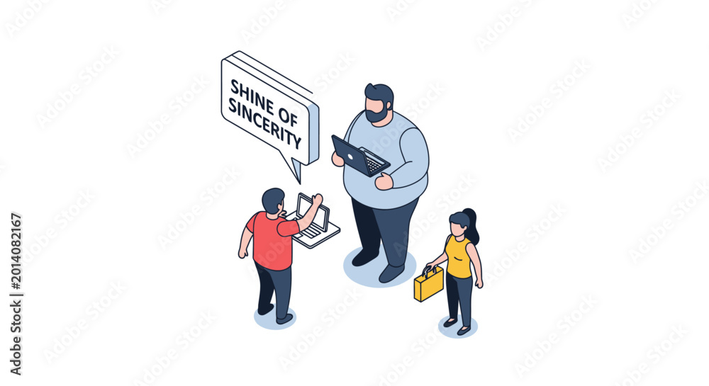 Fototapeta premium Isometric illustration of business team discussing sincerity and work.