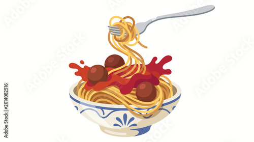 Foto This vibrant culinary illustration showcases a delicious bowl of spaghetti garnished with meatballs, artfully twirled by a fork, evoking appetizing Italian cuisine